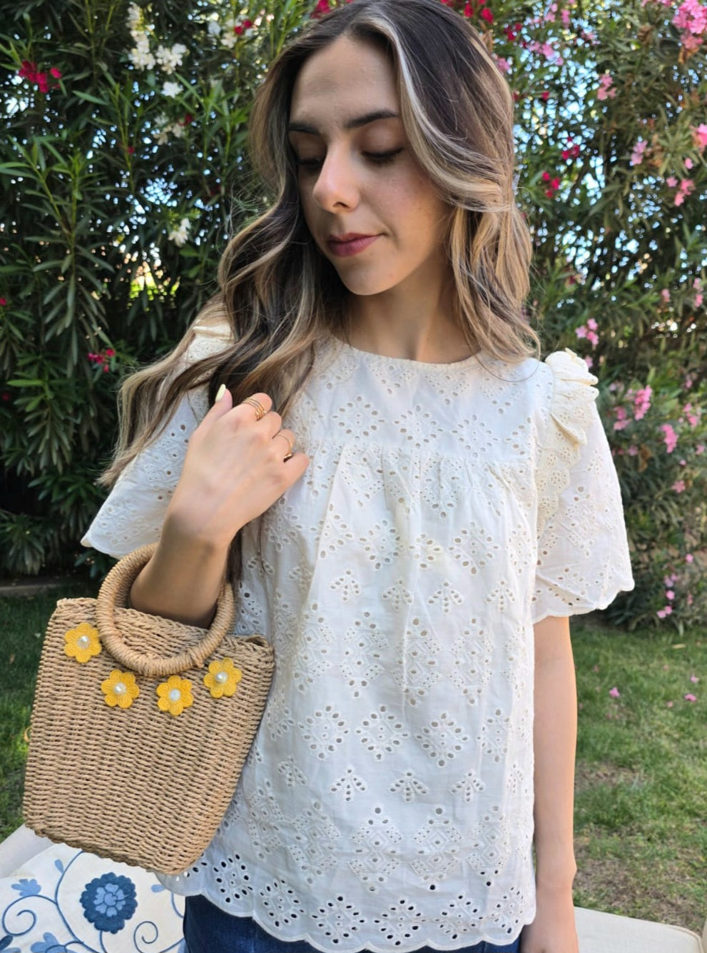 Eyelet Puff Sleeve Blouse