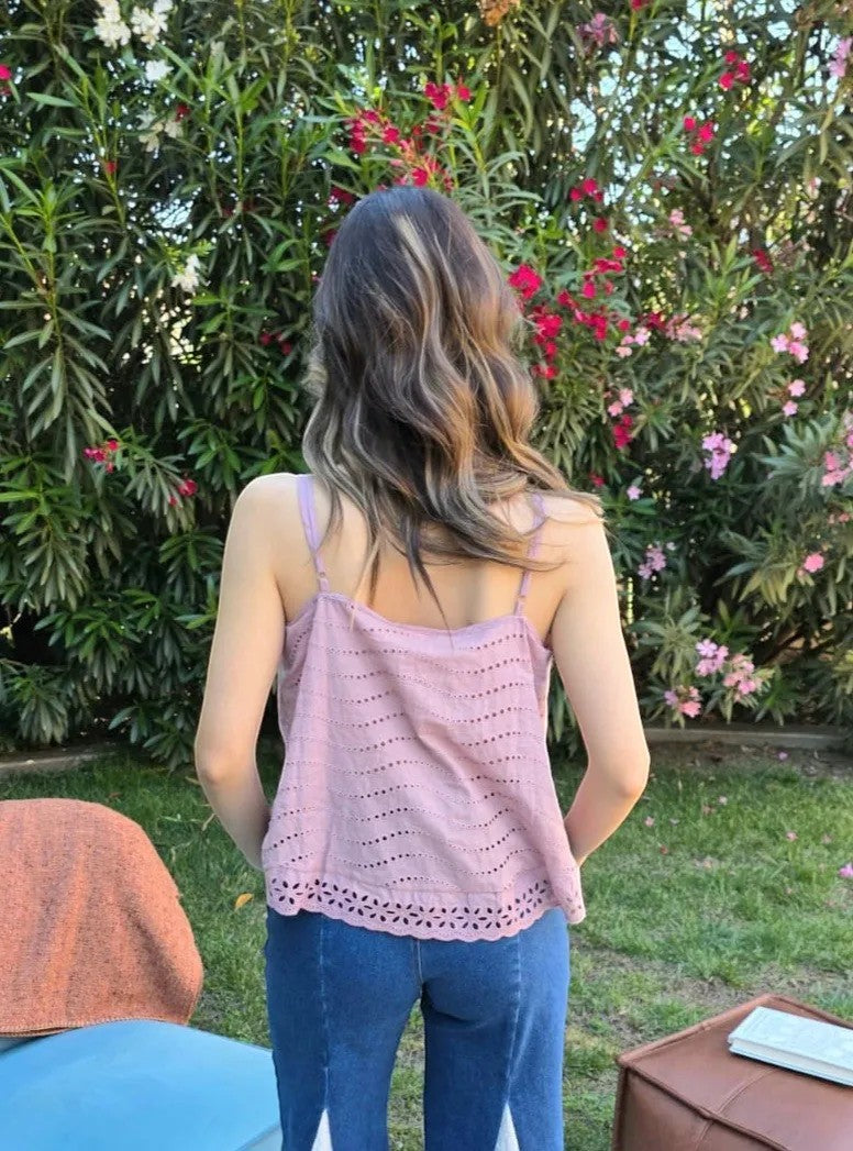 Shadow & Shine dusty rose embroidered eyelet cami top with scalloped hem and adjustable straps.