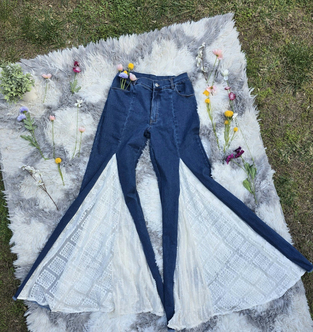 Shadow & Shine blue denim flare pants with white lace insets and a high waist. Bohemian style.