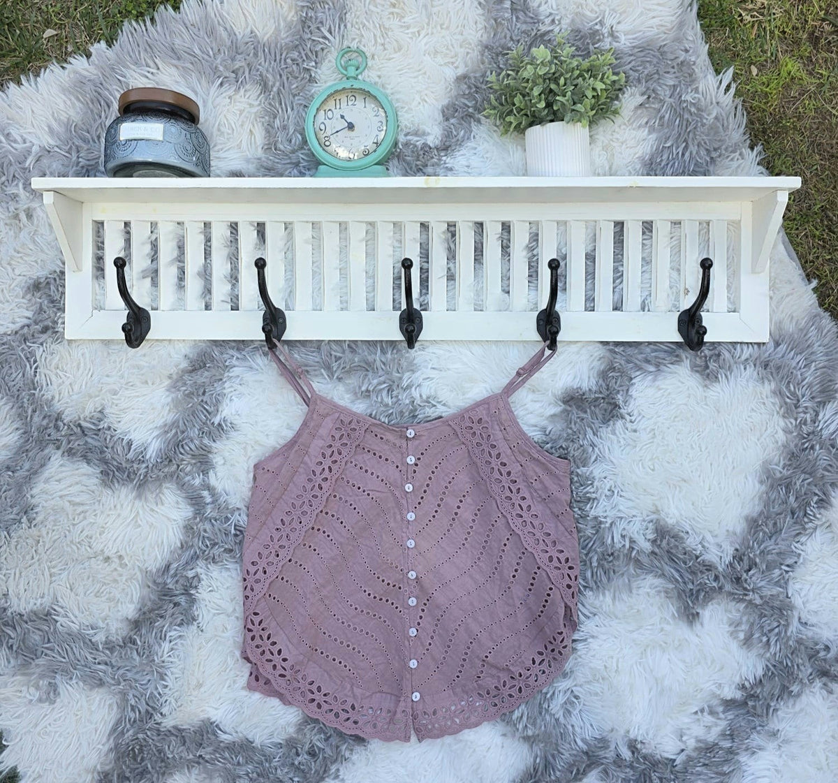 Shadow & Shine dusty rose embroidered eyelet cami top with V-neck, button front, and scalloped hem.