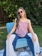 Shadow & Shine dusty rose embroidered eyelet cami top with V-neck, button front, and scalloped hem.